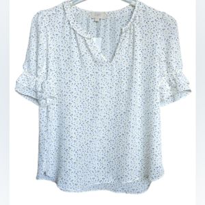 NWT LOFT white w/yellow & black polka dots semi sheer v neck short sleeve